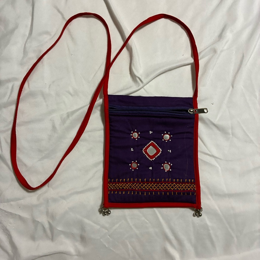 Purple Embroidered Crossbody Bag with Red Trim